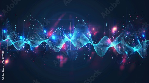 Light oscillating sound waves, abstract technology background. Vector. black background. photo