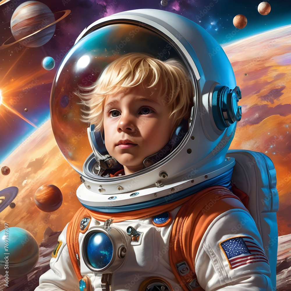 A blonde kid astronaut in space.. A blonde kid astronaut in space..