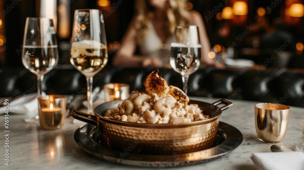 a close up of a bowl of food on a table with glasses of wine and a woman in the background.