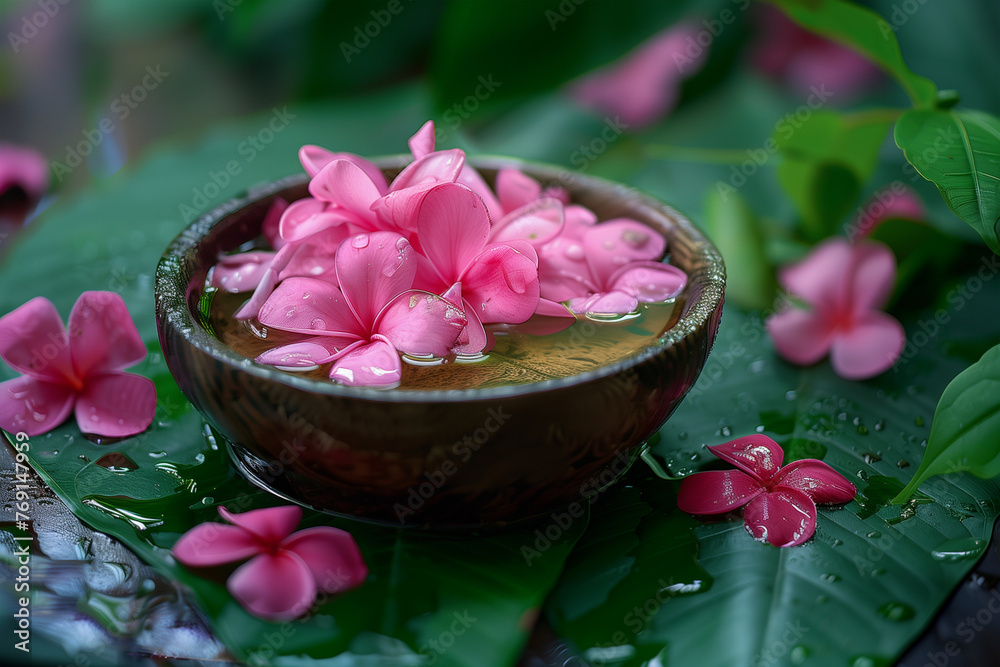 Bowl of Water Surrounded by Pink Flowers Bowl of Water Surrounded by Pink Flowers