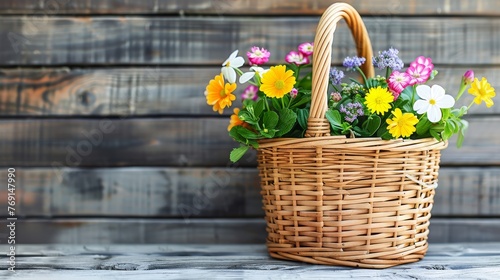 a basket filled with lots of flowers sitting on top of a wooden table in front of a wooden plank wall.
