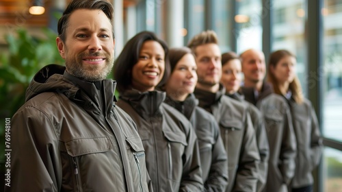  a group of participants in a corporate incentive program. All participants are wearing similar jackets