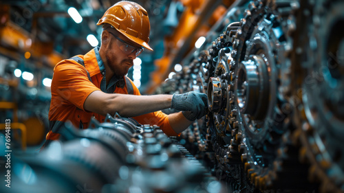 Plant mechanic working on a tractor engine.generative ai