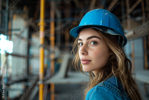Woman Wearing Hard Hat and Glasses at Worksite
