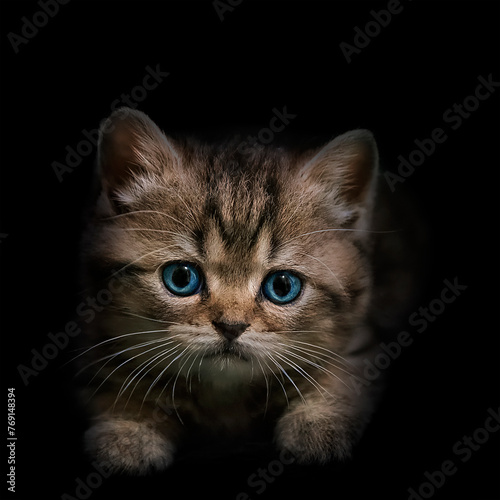Portrait of a small striped kitten with blue eyes close-up