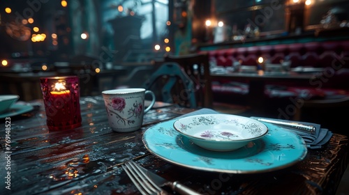 a close up of a plate on a table with a cup and saucer and a candle in the background.