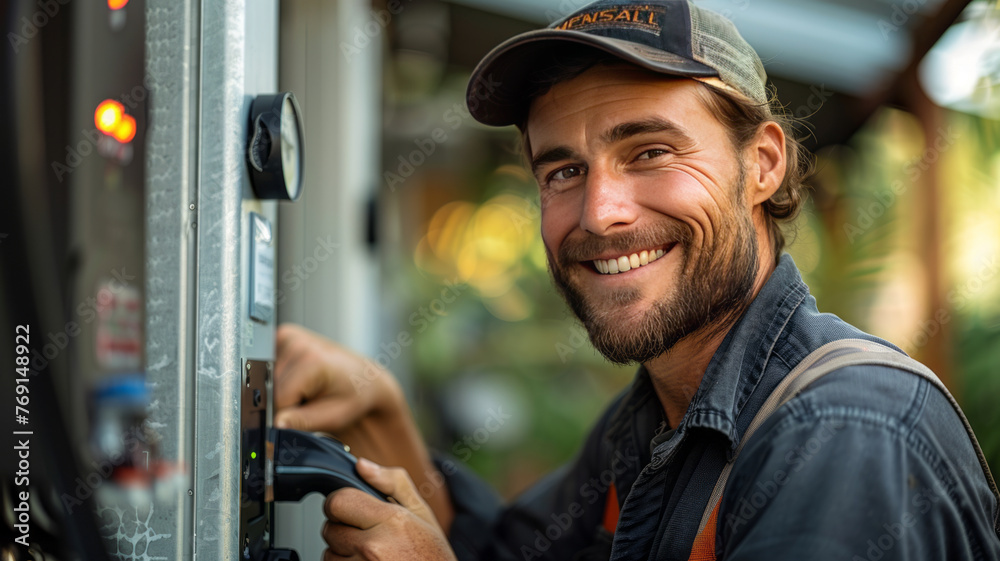 man electrician smiling and installing a home charging ,generative ai man electrician smiling and installing a home charging ,generative ai