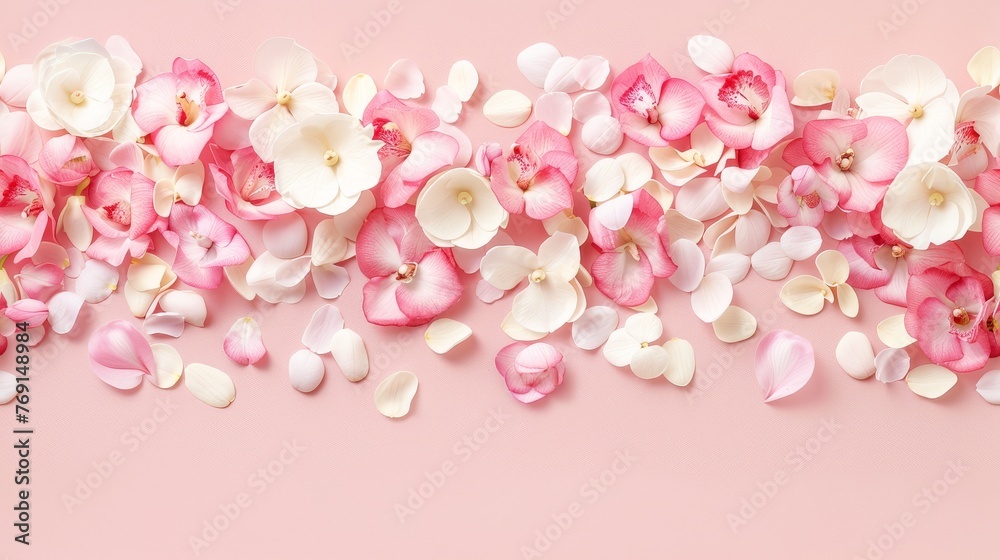 a bunch of pink and white flowers laying on top of each other on a pink background with space for text. a bunch of pink and white flowers laying on top of each other on a pink background with space for text.
