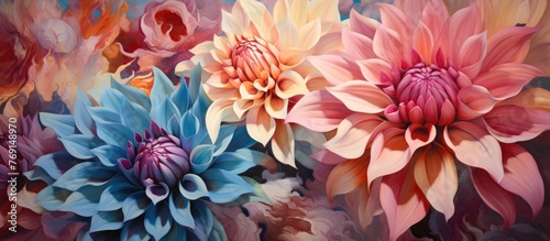 Floral artwork featuring a variety of colorful flowers painted against a vibrant blue background