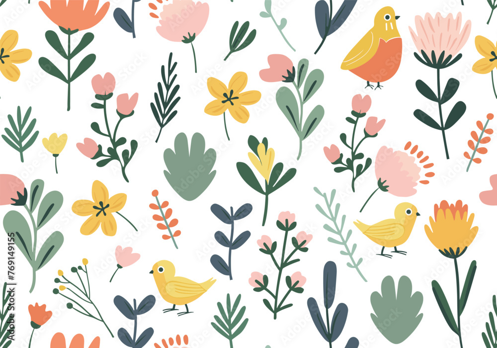 Seamless vector pattern with hand drawn chicken and flower - obrazy, fototapety, plakaty 