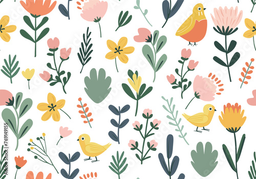 Seamless vector pattern with hand drawn chicken and flower