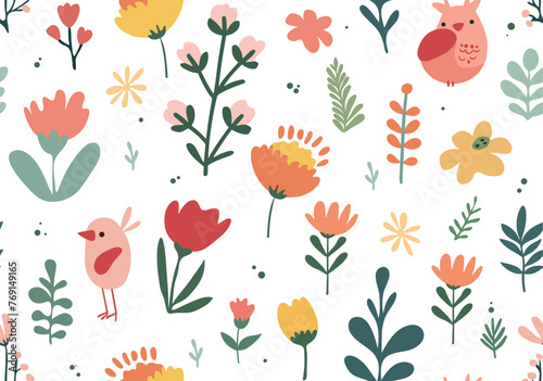 Seamless vector pattern with hand drawn chicken and flower