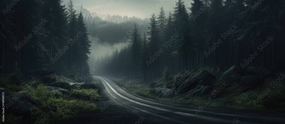 An eerie atmosphere surrounds a road cutting through a dense, fogfilled forest on a gloomy day, with leafless trees looming over the asphalt surface - obrazy, fototapety, plakaty 