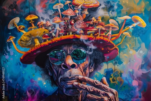 Dark-skinned elderly man in sunglasses and a mushroom cap made of fly agarics. Psychedelic art featuring a Rasta man with smoke in the background. Reggae man smoking weed. Psychedelic experience.