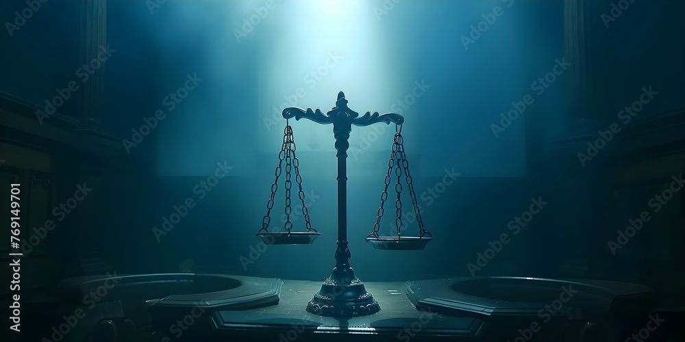 Scales of Justice in a dimly lit courtroom with copy space symbolizing law and justice. Concept Law Concepts, Justice System, Legal Symbols, Courtroom Photography, Dim Lighting - obrazy, fototapety, plakaty 