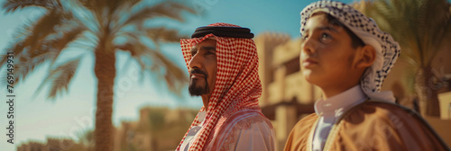 Traditional Saudi Father and Son: Desert Scene by Old Town photo