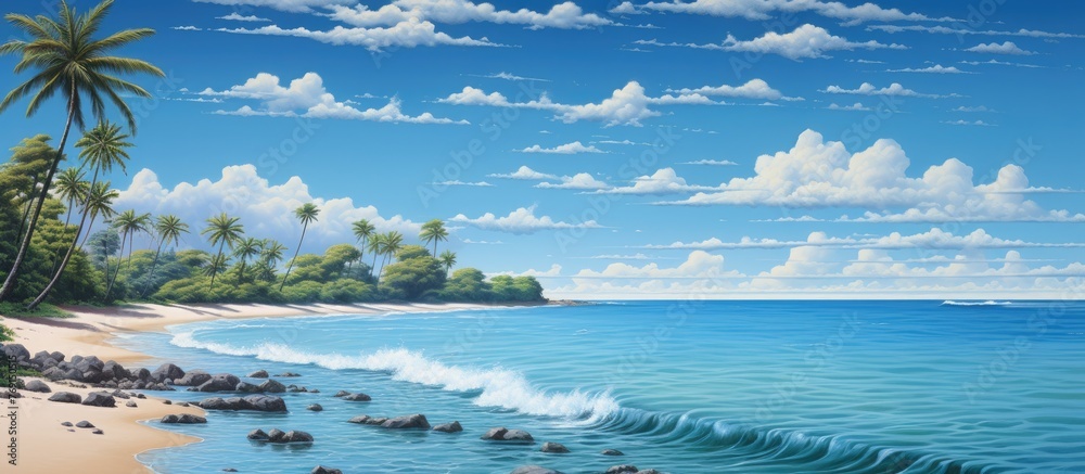 Scenic artwork depicting a picturesque tropical beach adorned with lush palm trees and scattered rocks under a clear blue sky