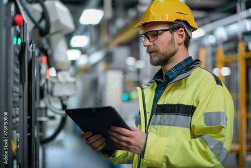 Man in Hard Hat and Safety Gear Using Tablet