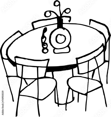 Living room hand drawn vector doodle illustration. Dinner table 