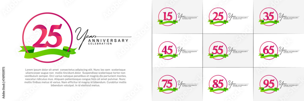 Set of Anniversary Logotype purple color with ring and green ribbon can be use for special day celebration
