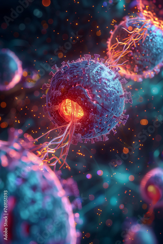 image of bacteria under a microscope  science banner illustration  widescreen format  floating virus