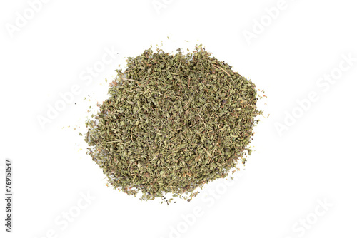 Top view of a bunch of dried thyme leaves on a white background. © svdolgov