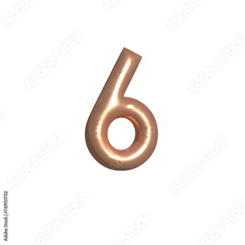 luxurious golden Peach Fuzz Balloon Font Number six symbol in 3d rendering, isolated on transparent background
