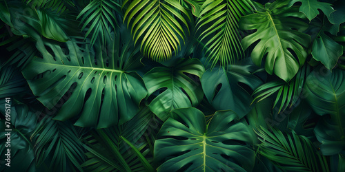 Closeup view of green tropical leaves 