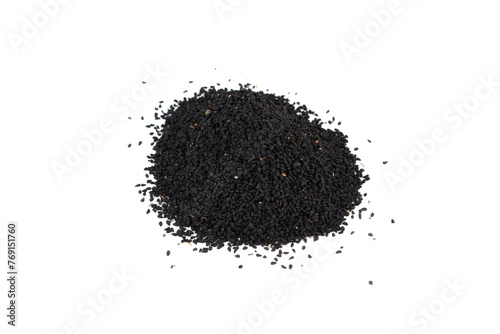 A bunch of black sesame seeds isolated on a white background. © svdolgov