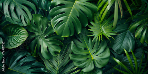 Closeup view of green tropical leaves 