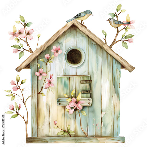 Watercolor birdhouse. Wooden nesting box. Spring illustration. Birds and flowers.  photo