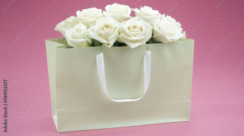 a white bag with a bunch of white roses in it sitting on a pink surface with a pink back ground. a white bag with a bunch of white roses in it sitting on a pink surface with a pink back ground.