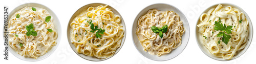 Panel kuchenny z motywem a bowl of fettucini alfredo with garnish, top view, cutout, png isolated transparent background