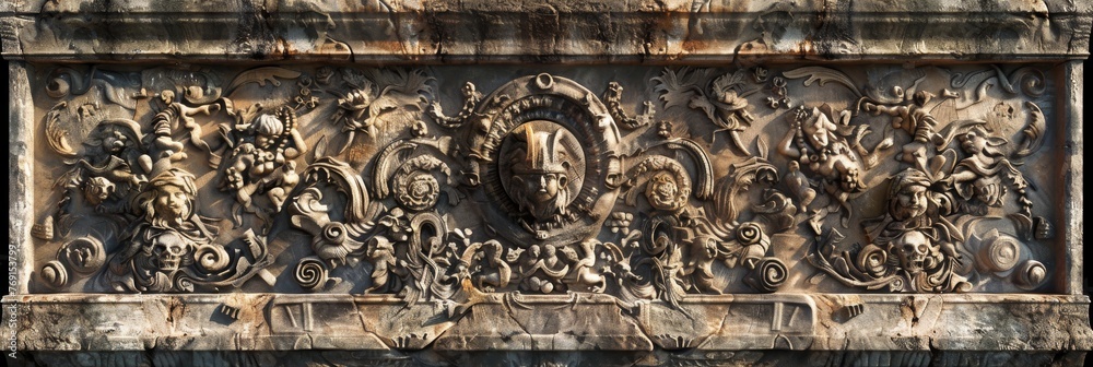An ancient wall carving texture, depicting the epic tales of heroes and villains from the First, with intricate details and shadowed reliefs created with Generative AI Technology