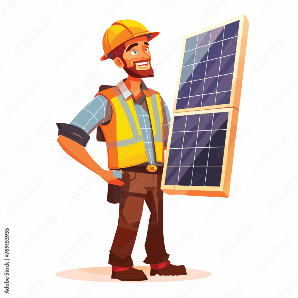 Smiling male engineer installing solar panels cartoon