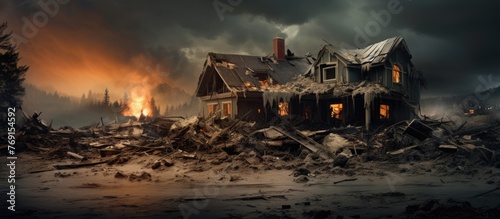 A house engulfed in flames within a devastated area, surrounded by debris under a foreboding dark sky