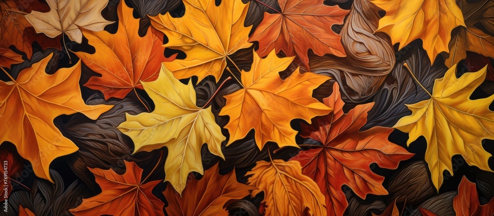 Close-up view depicting a detailed artwork of green leaves adorning a wall with artistic brush strokes Close-up view depicting a detailed artwork of green leaves adorning a wall with artistic brush strokes