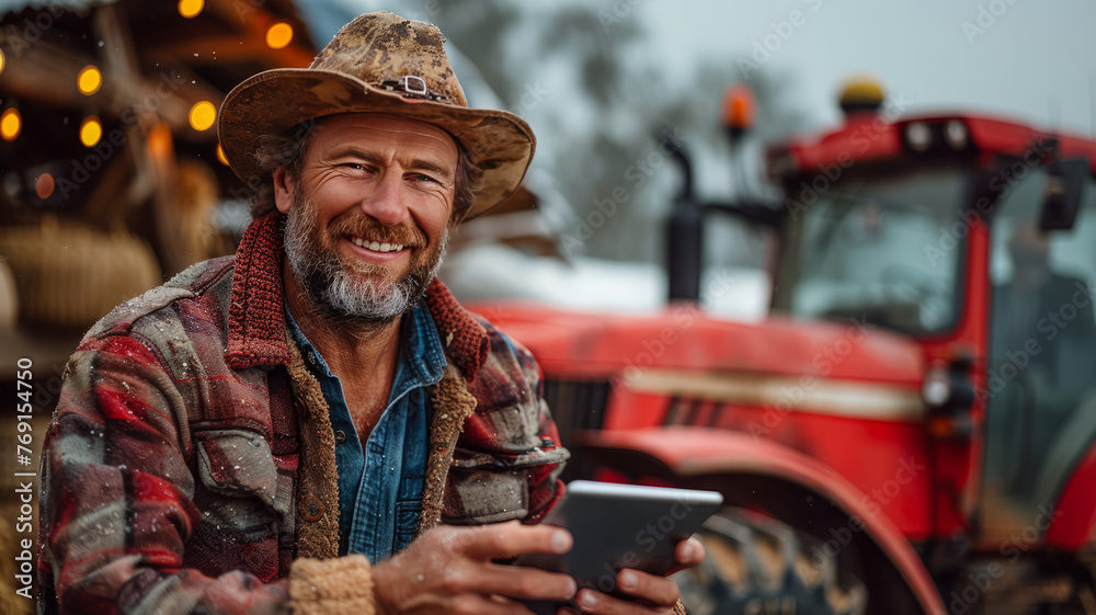 Happy mature farmer working tablets in front of tractors on site,generative ai