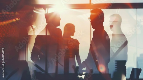 Team of young coworkers ,business discussion in office , modern cooperation. Double exposure, blurred background. photo
