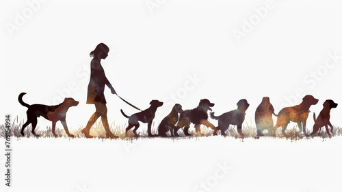 Silhouette  woman walking dogs. Pet care  animal exercise  urban life.