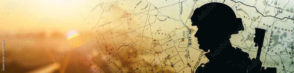 Banner, Silhouette infantry soldier helmet gun overlay world map: modern soldier, military deployment warfare Banner, Silhouette infantry soldier helmet gun overlay world map: modern soldier, military deployment warfare
