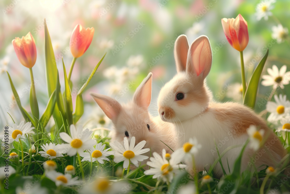 Fototapeta premium A charming scene of fluffy Easter bunnies 