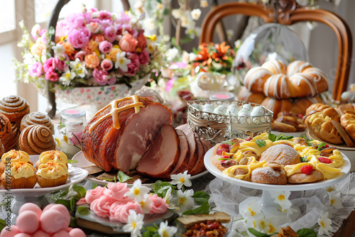 a beautifully set Easter table adorned with an abundance of delicious dishes, from glazed ham and roasted vegetables to colorful salads and decadent desserts