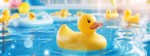 Sunny yellow rubber duck floating on water in the pool with glimmering light reflections, evoking summer joy. Perfect kids swimming tool for summer joy photo
