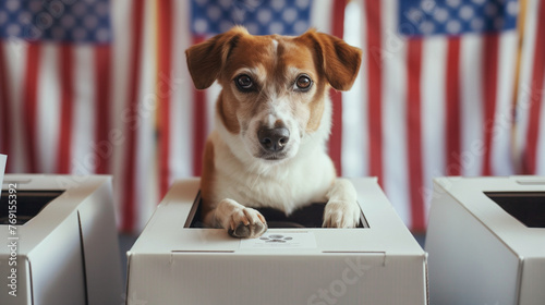 The participation of canine citizens in the democratic electoral process: a humorous and patriotic mock election campaign with dog voting, pet participation, and animal advocacy concept photo