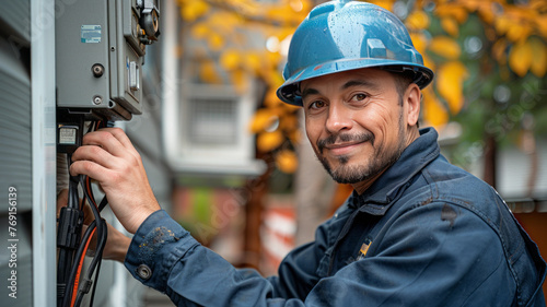 A man in blue uniform with helmet, repairing cctv camera on the wall of house.generative ai