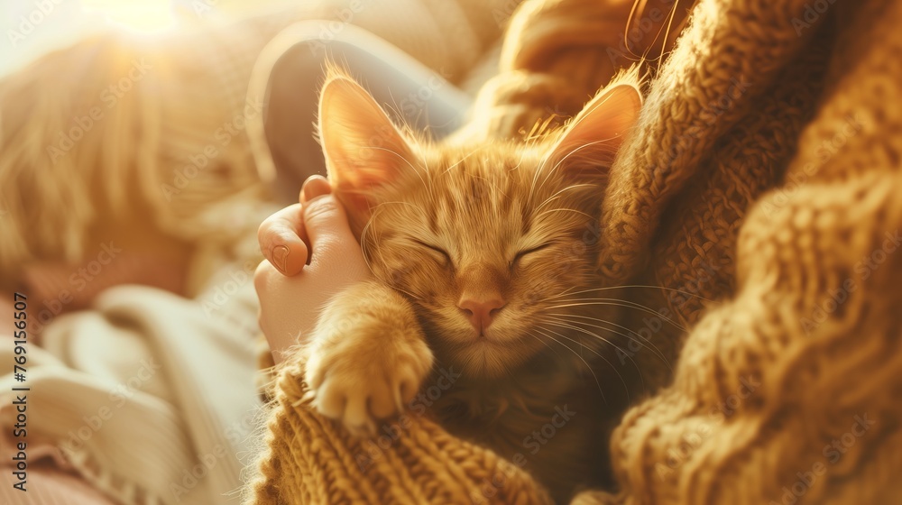 Bañado en la luz dorada de una tarde perezosa, un gato satisfecho disfruta del suave toque de una mano humana, sus ronroneos una melodía tranquilizadora contra el suave zumbido de un día en reposo. - obrazy, fototapety, plakaty 
