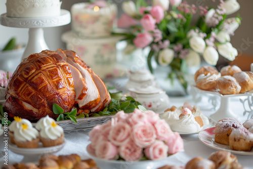 a beautifully set Easter table adorned with an abundance of delicious dishes, from glazed ham and roasted vegetables to colorful salads and decadent desserts