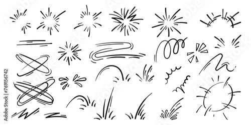 Cartoon line and fire sparks effect. Vector comic doodle hand drawn exploding sparks and explosion elements. Boom and bang motion sketch.