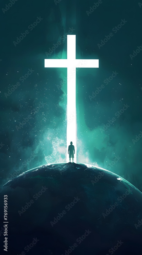 a silhouette figure standing in front of a glowing white cross on top of the Earth a silhouette figure standing in front of a glowing white cross on top of the Earth